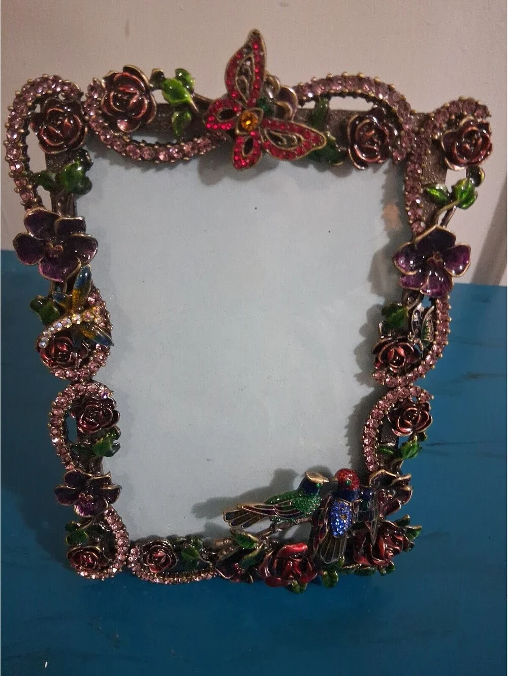 Decorative Enamel and Rhinestone Floral Picture Frame with Butterfly and Birds